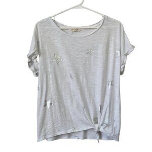 Lucky Brand Women's Short Sleeve T-Shirt w Metallic Silver Stars & Tie Medium